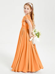 Abiti Damigella Junior In Chiffon Pizzo Maniche A Farfalla Scollo Rotondo Arancio