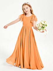 Abiti Damigella Junior In Chiffon Pizzo Maniche A Farfalla Scollo Rotondo Arancio