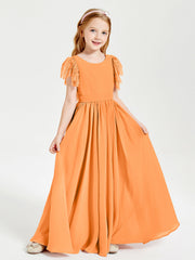 Abiti Damigella Junior In Chiffon Pizzo Maniche A Farfalla Scollo Rotondo Arancio