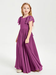 Abiti Damigella Junior In Chiffon Pizzo Maniche A Farfalla Scollo Rotondo Orchidea