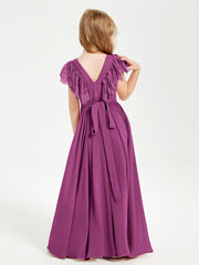 Abiti Damigella Junior In Chiffon Pizzo Maniche A Farfalla Scollo Rotondo Orchidea