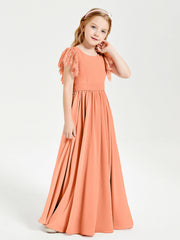 Abiti Damigella Junior In Chiffon Pizzo Maniche A Farfalla Scollo Rotondo Papaia