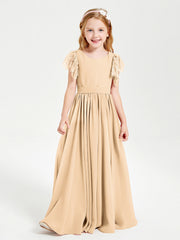 Abiti Damigella Junior In Chiffon Pizzo Maniche A Farfalla Scollo Rotondo Pesca