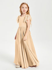 Abiti Damigella Junior In Chiffon Pizzo Maniche A Farfalla Scollo Rotondo Pesca