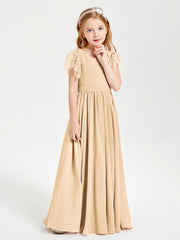 Abiti Damigella Junior In Chiffon Pizzo Maniche A Farfalla Scollo Rotondo Pesca