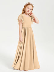 Abiti Damigella Junior In Chiffon Pizzo Maniche A Farfalla Scollo Rotondo Pesca