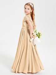 Abiti Damigella Junior In Chiffon Pizzo Maniche A Farfalla Scollo Rotondo Pesca