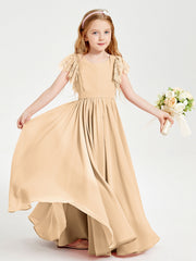 Abiti Damigella Junior In Chiffon Pizzo Maniche A Farfalla Scollo Rotondo Pesca
