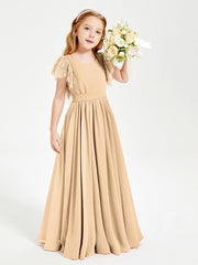 Abiti Damigella Junior In Chiffon Pizzo Maniche A Farfalla Scollo Rotondo Pesca