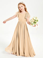 Abiti Damigella Junior In Chiffon Pizzo Maniche A Farfalla Scollo Rotondo Pesca