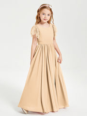 Abiti Damigella Junior In Chiffon Pizzo Maniche A Farfalla Scollo Rotondo Pesca