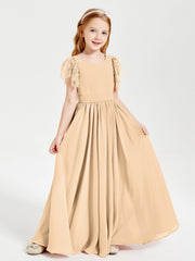 Abiti Damigella Junior In Chiffon Pizzo Maniche A Farfalla Scollo Rotondo Pesca