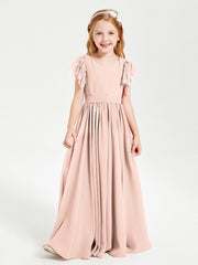 Abiti Damigella Junior In Chiffon Pizzo Maniche A Farfalla Scollo Rotondo Rosa Perlato
