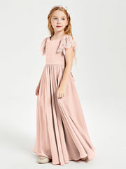 Abiti Damigella Junior In Chiffon Pizzo Maniche A Farfalla Scollo Rotondo Rosa Perlato