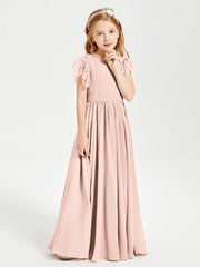 Abiti Damigella Junior In Chiffon Pizzo Maniche A Farfalla Scollo Rotondo Rosa Perlato