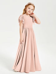 Abiti Damigella Junior In Chiffon Pizzo Maniche A Farfalla Scollo Rotondo Rosa Perlato