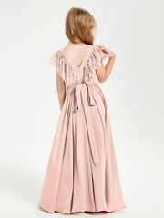 Abiti Damigella Junior In Chiffon Pizzo Maniche A Farfalla Scollo Rotondo Rosa Perlato