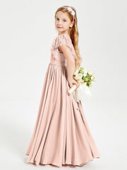 Abiti Damigella Junior In Chiffon Pizzo Maniche A Farfalla Scollo Rotondo Rosa Perlato