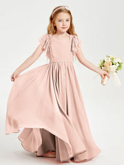 Abiti Damigella Junior In Chiffon Pizzo Maniche A Farfalla Scollo Rotondo Rosa Perlato