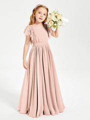 Abiti Damigella Junior In Chiffon Pizzo Maniche A Farfalla Scollo Rotondo Rosa Perlato