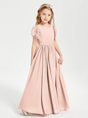 Abiti Damigella Junior In Chiffon Pizzo Maniche A Farfalla Scollo Rotondo Rosa Perlato