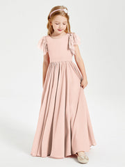 Abiti Damigella Junior In Chiffon Pizzo Maniche A Farfalla Scollo Rotondo Rosa Perlato