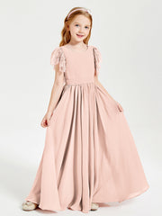 Abiti Damigella Junior In Chiffon Pizzo Maniche A Farfalla Scollo Rotondo Rosa Perlato