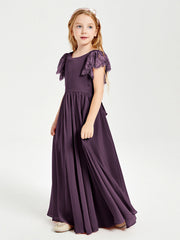 Abiti Damigella Junior In Chiffon Pizzo Maniche A Farfalla Scollo Rotondo Prugna