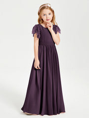 Abiti Damigella Junior In Chiffon Pizzo Maniche A Farfalla Scollo Rotondo Prugna