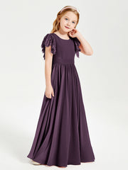 Abiti Damigella Junior In Chiffon Pizzo Maniche A Farfalla Scollo Rotondo Prugna