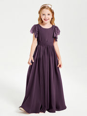 Abiti Damigella Junior In Chiffon Pizzo Maniche A Farfalla Scollo Rotondo Prugna