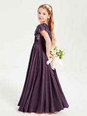 Abiti Damigella Junior In Chiffon Pizzo Maniche A Farfalla Scollo Rotondo Prugna
