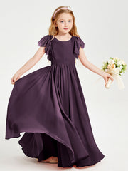 Abiti Damigella Junior In Chiffon Pizzo Maniche A Farfalla Scollo Rotondo Prugna