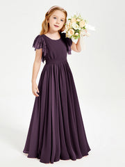 Abiti Damigella Junior In Chiffon Pizzo Maniche A Farfalla Scollo Rotondo Prugna