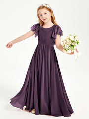 Abiti Damigella Junior In Chiffon Pizzo Maniche A Farfalla Scollo Rotondo Prugna