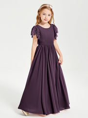 Abiti Damigella Junior In Chiffon Pizzo Maniche A Farfalla Scollo Rotondo Prugna