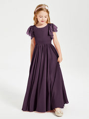 Abiti Damigella Junior In Chiffon Pizzo Maniche A Farfalla Scollo Rotondo Prugna