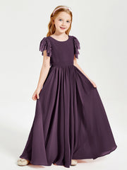 Abiti Damigella Junior In Chiffon Pizzo Maniche A Farfalla Scollo Rotondo Prugna