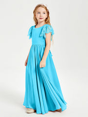 Abiti Damigella Junior In Chiffon Pizzo Maniche A Farfalla Scollo Rotondo Blu Piscina