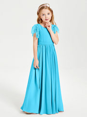 Abiti Damigella Junior In Chiffon Pizzo Maniche A Farfalla Scollo Rotondo Blu Piscina