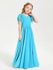 Abiti Damigella Junior In Chiffon Pizzo Maniche A Farfalla Scollo Rotondo Blu Piscina