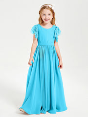 Abiti Damigella Junior In Chiffon Pizzo Maniche A Farfalla Scollo Rotondo Blu Piscina
