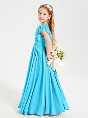 Abiti Damigella Junior In Chiffon Pizzo Maniche A Farfalla Scollo Rotondo Blu Piscina