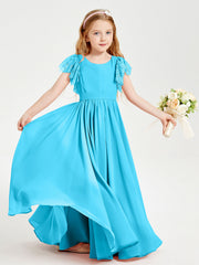 Abiti Damigella Junior In Chiffon Pizzo Maniche A Farfalla Scollo Rotondo Blu Piscina