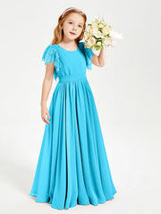 Abiti Damigella Junior In Chiffon Pizzo Maniche A Farfalla Scollo Rotondo Blu Piscina