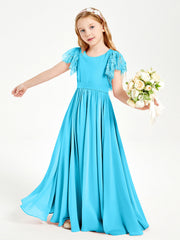 Abiti Damigella Junior In Chiffon Pizzo Maniche A Farfalla Scollo Rotondo Blu Piscina