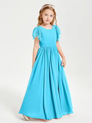 Abiti Damigella Junior In Chiffon Pizzo Maniche A Farfalla Scollo Rotondo Blu Piscina