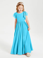 Abiti Damigella Junior In Chiffon Pizzo Maniche A Farfalla Scollo Rotondo Blu Piscina