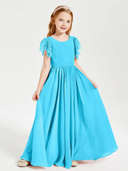 Abiti Damigella Junior In Chiffon Pizzo Maniche A Farfalla Scollo Rotondo Blu Piscina