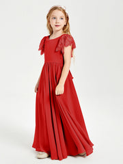 Abiti Damigella Junior In Chiffon Pizzo Maniche A Farfalla Scollo Rotondo Rosso